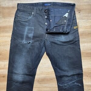 G Star RAW Jeans Men 34x34 Blue 3301 Attacc Straight Leg Dark Wash Fade Thrashed